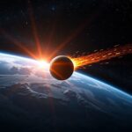 A Földre zuhanó meteorit és a napfelkeltét bemutató űrkép.