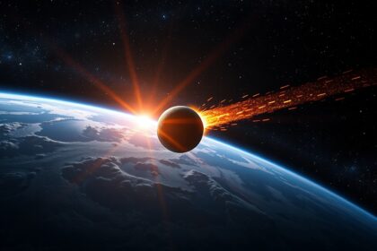 A Földre zuhanó meteorit és a napfelkeltét bemutató űrkép.