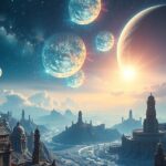 Űrbéli táj, bolygók és egy elhagyott civilizáció romjai