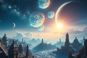 Űrbéli táj, bolygók és egy elhagyott civilizáció romjai