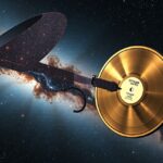 Voyager aranylemeze az űrben, a galaxis hátterével.