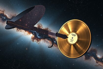 Voyager aranylemeze az űrben, a galaxis hátterével.