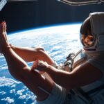 Űrhajós súlytalanságban, a Föld háttérében