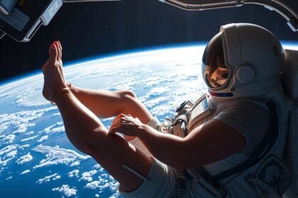 Űrhajós súlytalanságban, a Föld háttérében