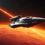 Űrhajó utazik a Mars mögött, miközben sugárzás látható.