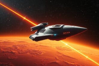 Űrhajó utazik a Mars mögött, miközben sugárzás látható.