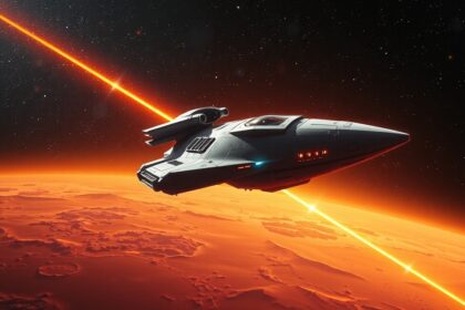 Űrhajó utazik a Mars mögött, miközben sugárzás látható.