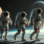 Három űrhajós űrruhában a Hold felszínén.