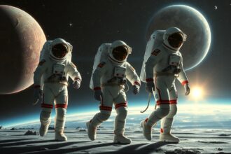 Három űrhajós űrruhában a Hold felszínén.