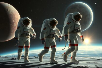 Három űrhajós űrruhában a Hold felszínén.