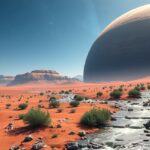 Futuristic landscape of Mars with greenery and a large celestial body