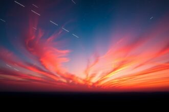 Vörös naplemente színek az égen, csillagokkal és felhőkkel.