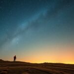 Csillagos égbolt észak felé tájékozódó ember