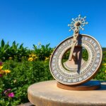 Kerti napóra virágokkal körülvéve, világoskék ég háttérrel.