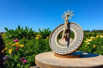 Kerti napóra virágokkal körülvéve, világoskék ég háttérrel.