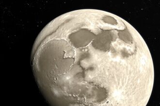 A Hold részletes képe, kráteres felszínnel és csillagokkal körülvéve.