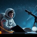 Gyerek űrhajós jelmezben könyvek és teleszkóp mellett a csillagok alatt.