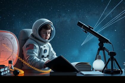 Gyerek űrhajós jelmezben könyvek és teleszkóp mellett a csillagok alatt.