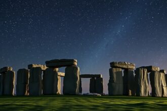 Stonehenge csillagos égbolt alatt, ősi kultúra maradványa.