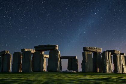 Stonehenge csillagos égbolt alatt, ősi kultúra maradványa.