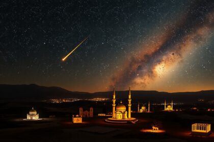 Csillaggal megvilágított táj és galaxis