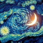 Van Gogh Csillagos éj; éjszakai égbolt csillagokkal és holdfénnyel