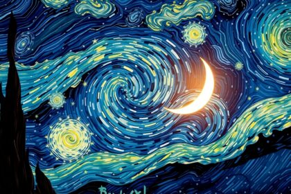 Van Gogh Csillagos éj; éjszakai égbolt csillagokkal és holdfénnyel