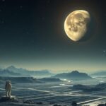 Asztronauta a Hold előtt egy sci-fi tájon