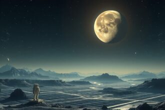 Asztronauta a Hold előtt egy sci-fi tájon