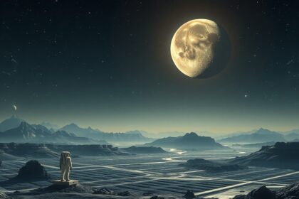 Asztronauta a Hold előtt egy sci-fi tájon