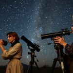 Női csillagászok távcsövekkel a csillagos ég alatt