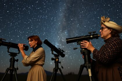 Női csillagászok távcsövekkel a csillagos ég alatt