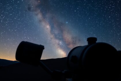 Távcső és csillagos égbolt a Szekeres csillagkép felett.