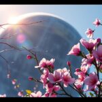 Tavaszi napéjegyenlőség virágzó fákkal és égitesttel