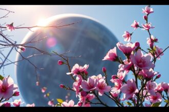 Tavaszi napéjegyenlőség virágzó fákkal és égitesttel