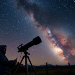 Csillagász éjjeli égbolt alatt távcsővel