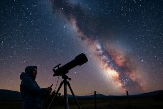 Csillagász éjjeli égbolt alatt távcsővel