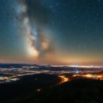 Csillagos égbolt és városi fények éjszaka, fényszennyezés megelőzése.