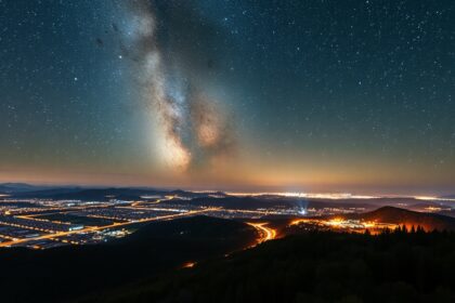Csillagos égbolt és városi fények éjszaka, fényszennyezés megelőzése.