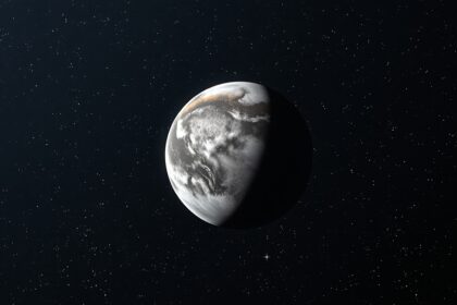 Föld-szerű bolygó kép a csillagokkal teli űrben.