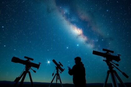 Csillagász távcsővel a Szűz csillagkép alatt, galaxisokkal