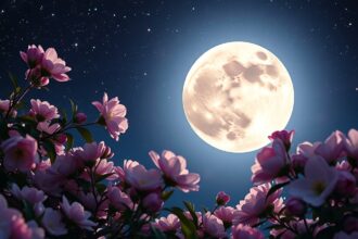 Virág-hold májusi teliholddal és virágokkal a csillagos éjszakában