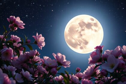 Virág-hold májusi teliholddal és virágokkal a csillagos éjszakában