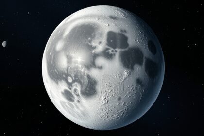 Ceres, a törpebolygó az aszteroidaövben, jégtakarókkal és fénypontokkal.