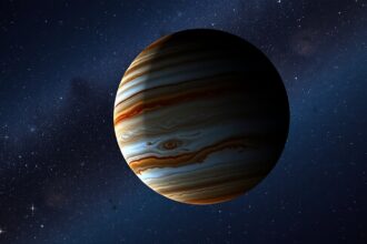 Jupiter bolygó a csillagos ég alatt, a Nagy Vörös Folt látható.