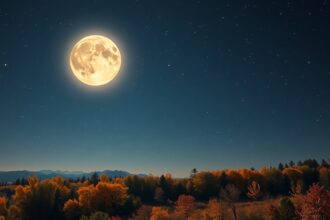 Betakarítási Hold szeptemberi éjszakai látképe hegyekkel és fák mögött.
