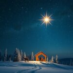 Betlehemi csillag a havas táj felett, karácsonyi hangulatban.