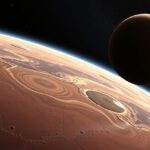 A Mars felszínének részletes képe és a mögötte lévő bolygó