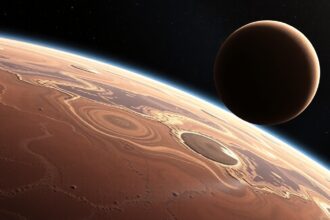 A Mars felszínének részletes képe és a mögötte lévő bolygó