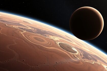 A Mars felszínének részletes képe és a mögötte lévő bolygó